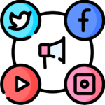 Letzi digital marketing loudspeaker vector image with Facebook, YouTube, Twitter, and Instagram logos