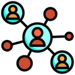 Letzi franchise community icon diagram with people connected by a network of dots on a black and white background