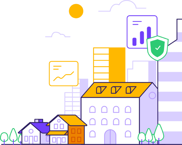 Vector illustration of cityscape with Letzi shield on building representing our expert short term rental management services maximising rental income