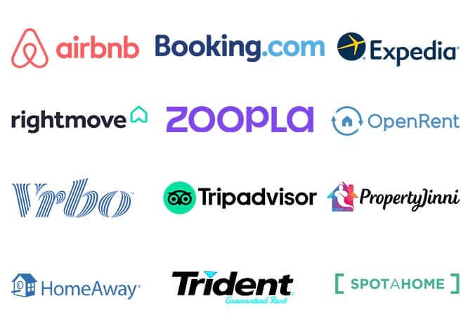 Collage of logos from rental sites like Airbnb, Booking.com, VRBO, representing Letzi's use of various marketing channels to maximize exposure for vacation rentals